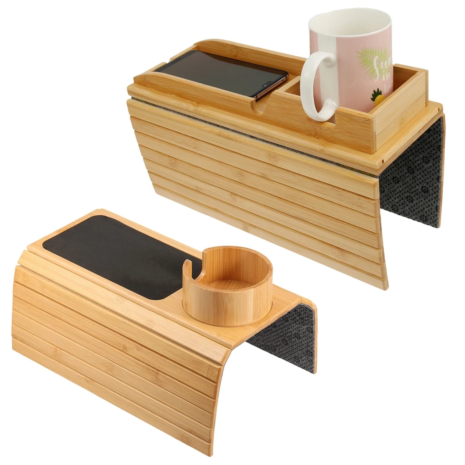 Porte-gobelet de canapé 3 en 1, plateau d'accoudoir de canapé en bambou naturel, tasses de boissons pliables, support de téléphone avec