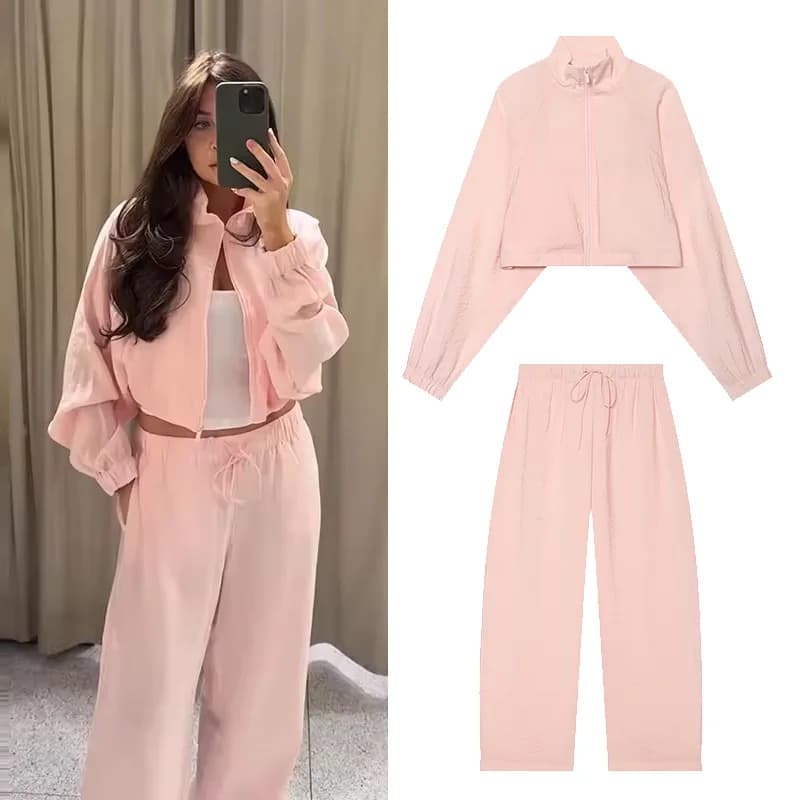 Ensemble 2 pièces HipSeam pour femme : Nouvelle collection Printemps 2026 – Veste courte fluide à col montant et pantalon fluide taille mi-haute