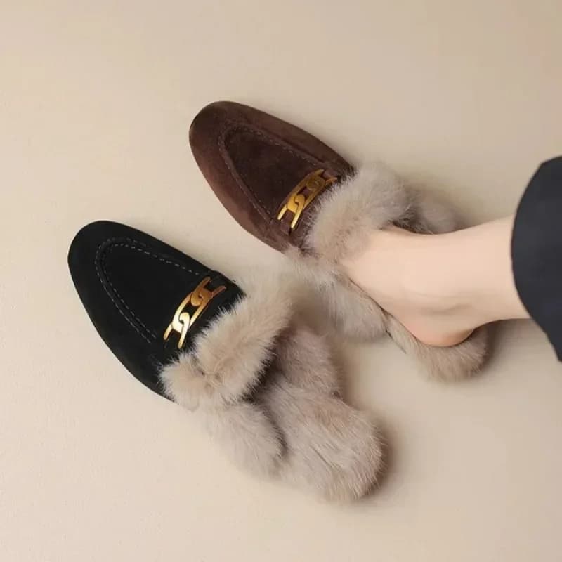 Hiver femmes daim chaud fourrure pantoufles marque de luxe Mules chaussures plates 2025 nouveau court en peluche tongs concepteur coton chaussures