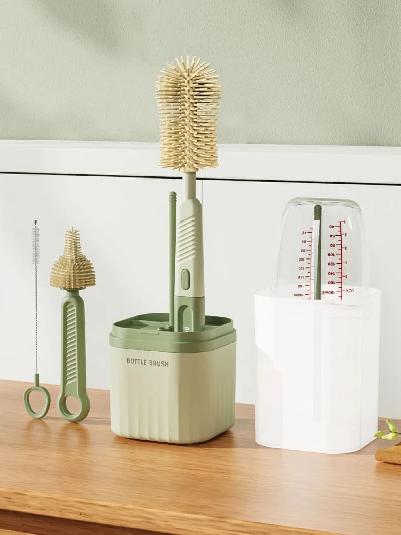 Brosse à biberon en Silicone pour bébé, ensemble d'outils de nettoyage portables à poignée droite 360 °   Support de séchage rotatif, brosse de