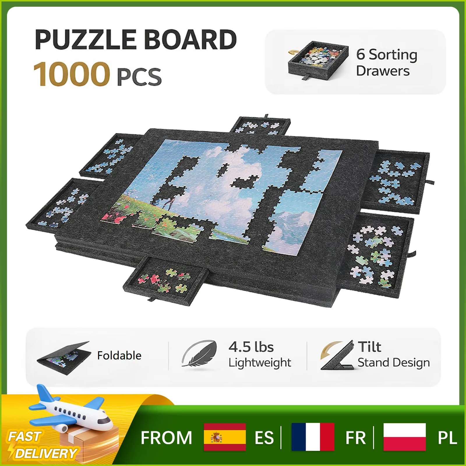 Table de puzzle 2-en-1 avec 6 tiroirs, support et housse en feutre, tapis de puzzle léger et portable 77×54cm