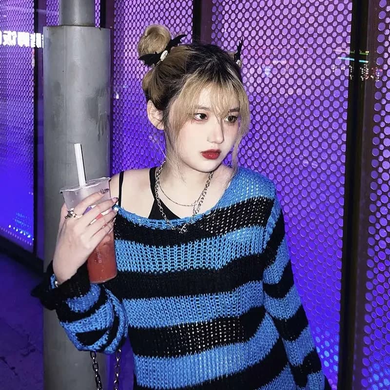 Deeptown – pull gothique tricoté pour femmes, Streetwear gothique, rayé, Harajuku, Punk, ajouré, trou de pull, hauts amples assortis avec tout,