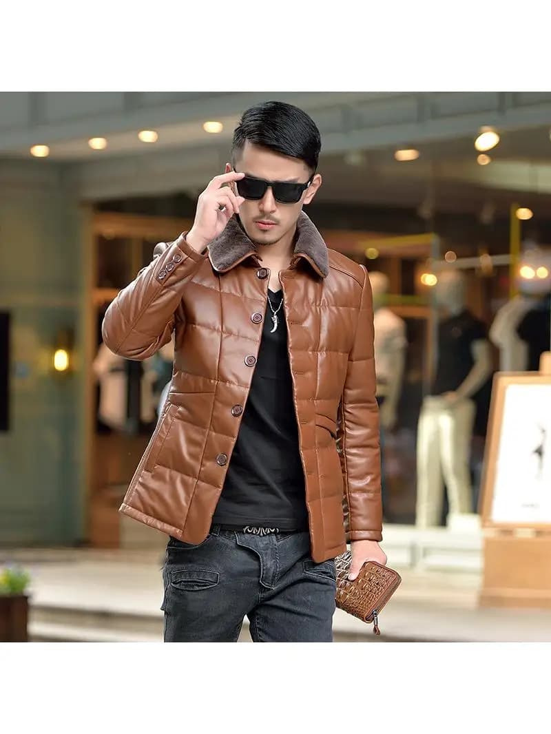 Veste en cuir à col en fourrure à revers pour hommes, coupe couvertes, manteau en duvet coréen, doudoune en duvet de canard chaud pour hommes,