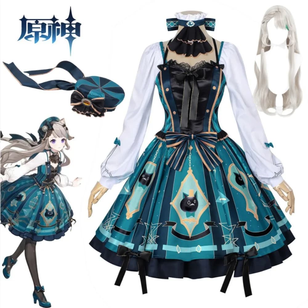 Ensemble de costume de cosplay Lynette Genshin Impact, style identique au jeu, robe, chapeau, accessoires, nœud, perruque, ensemble complet, tenue