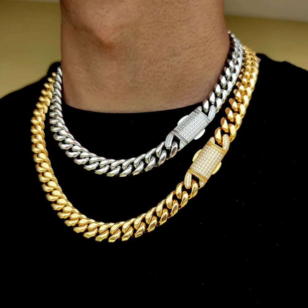 Collier Hip Hop en Acier Inoxydable pour Homme, Bijoux de Luxe, Lien Cubain, Miami, 12mm
