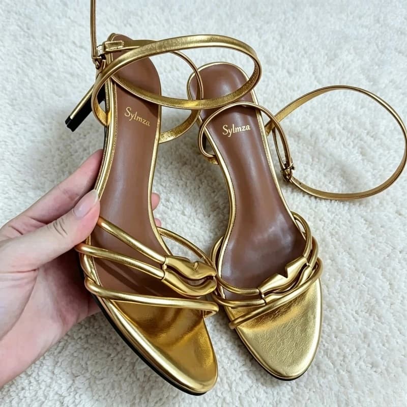Sandales à talons de luxe ornées de métal pour femmes, chaussures d'été à bout ouvert, bretelles nues, élégantes, chaussures de mariée de