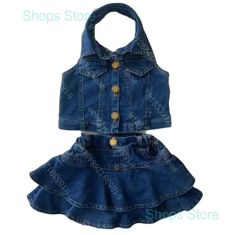 Vêtements d'été pour filles de 2 à 11 ans, ensemble en jean mignon, nouveau haut sans manches, gilet à volants tendance, jupe courte pour