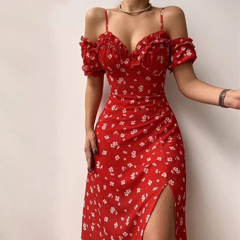 Robe mi-longue élégante et décontractée, imprimé Floral, épaules dénudées, fendue, manches courtes, Slim, pour soirée en Club, vacances,