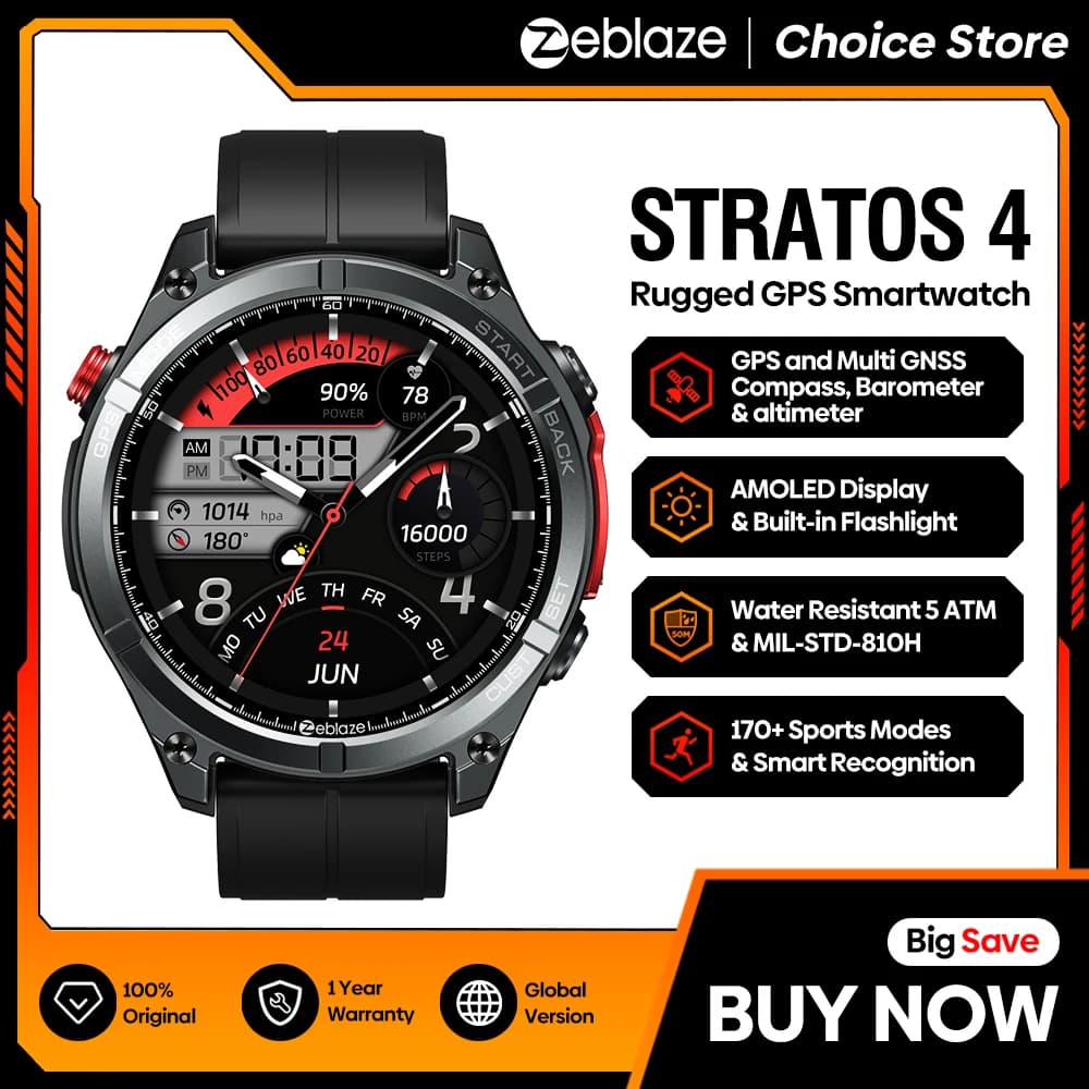 Nouveau 2025 Zeblaze Stratos 4 GPS Smartwatch 1.43 "AMOLED écran boussole altimètre barométrique lampe de poche appel vocal montre intelligente