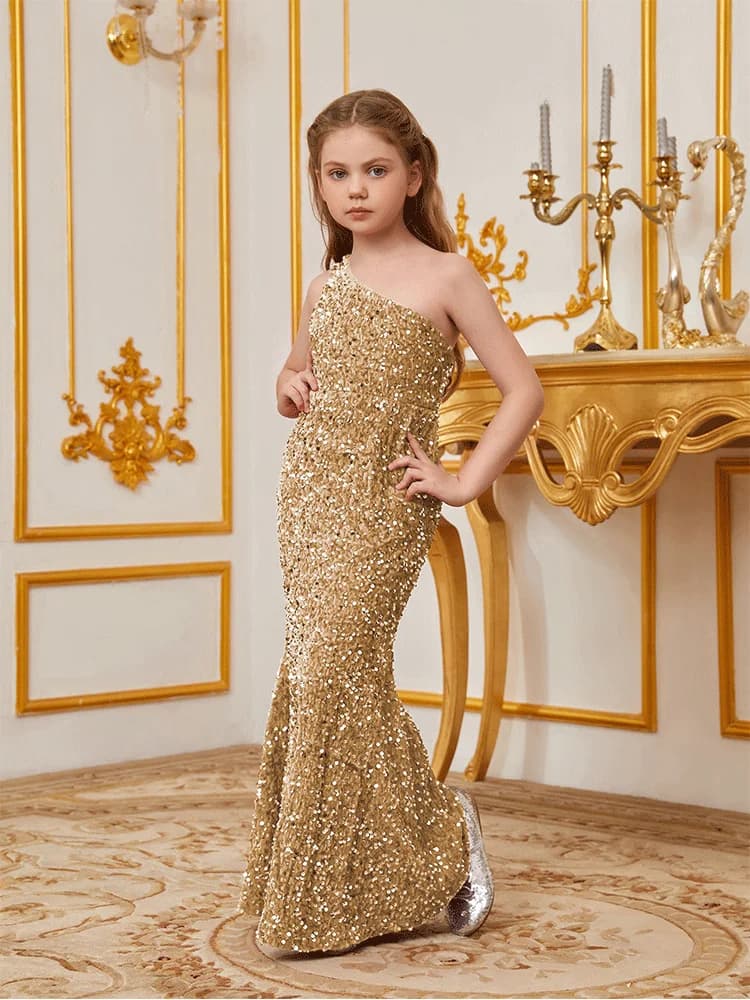 Robe de soirée longue à paillettes pour filles, asymétrique épaule dénudée, à fleurs, brillante, de luxe, pour spectacle de vacances, 10e