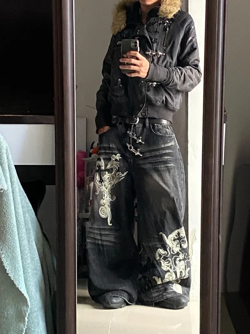 Jeans baggy noirs à imprimé surdimensionné, nouvelle mode américaine, pour femmes, Y2K, Harajuku, hip-hop, décontracté, populaire, pantalon