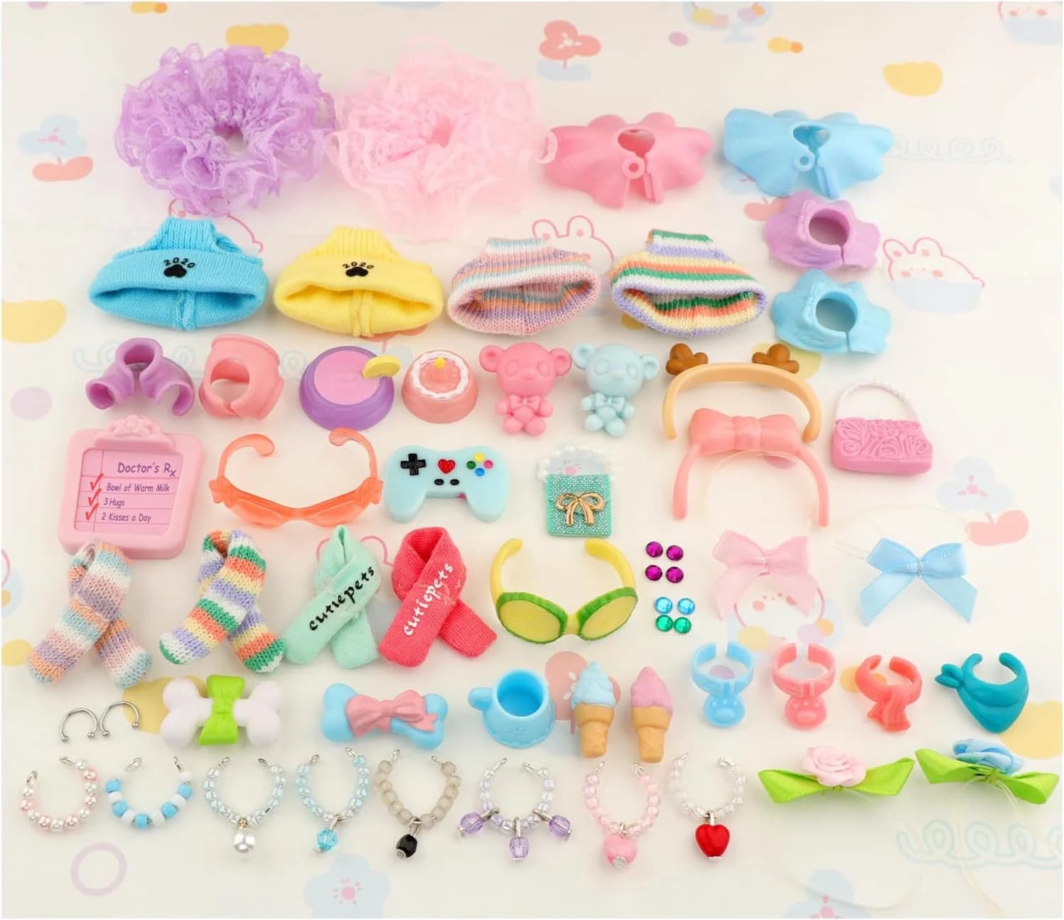 15 pièces d'accessoires pour animaux de compagnie Minilpsshop : vêtements, nœuds, jupes, colliers, chapeaux, nourriture et boissons pour figurines