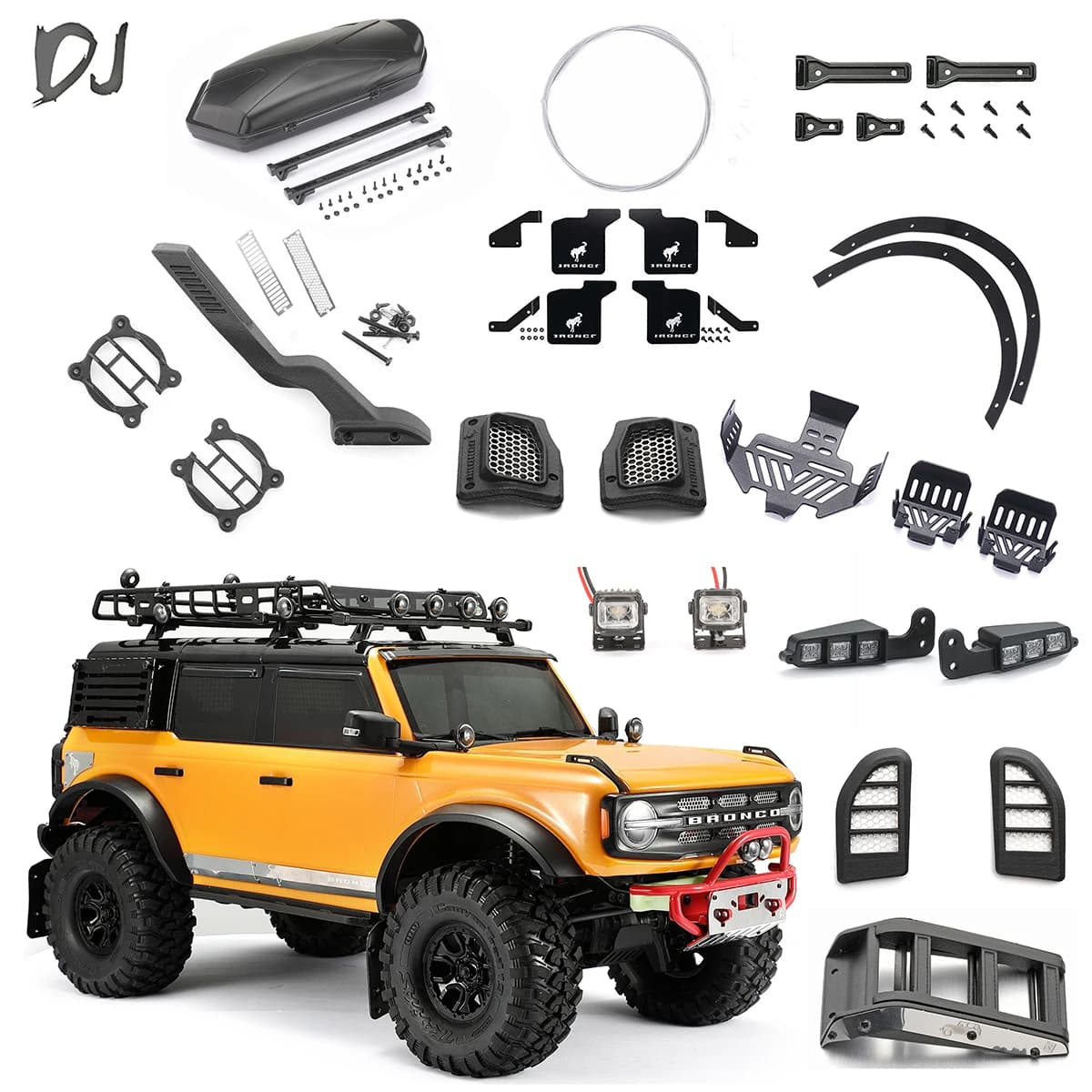 DJ 1/10 garde-boue LED lumières boîte à outils bagages pédales châssis armure pour TRX4 Bronco 2021 KIT de voiture modifiée accessoires de mise