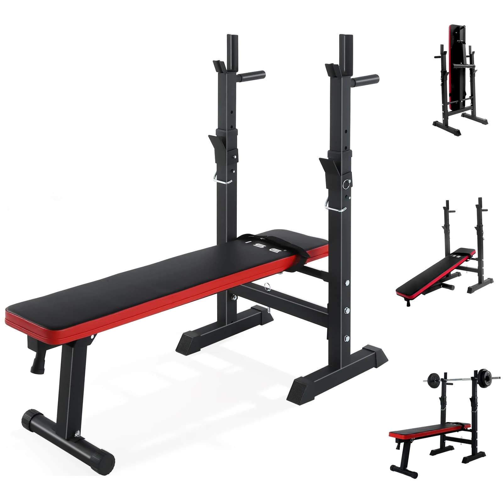 ISE Banc de Musculation Pliable, Banc Musculation Complet Réglable avec Support de Barres pour Haltère et Station à Dips, Bancs de Musculation