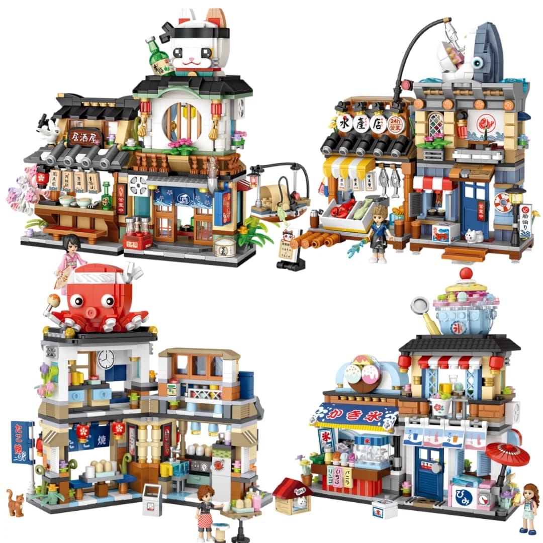 LOZ japonais Mini bloc rue vue pliant nourriture rue poulpe Barbecue magasin de glace assemblage bloc de construction jouets cadeau de noël