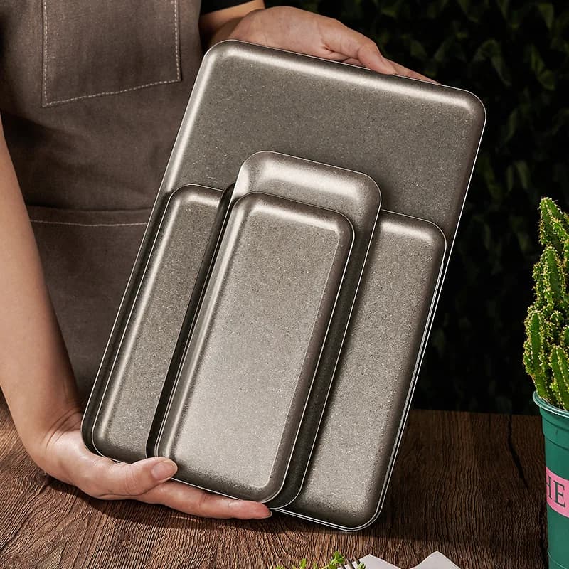 Plateaux rectangulaires gris neige en acier inoxydable 304, assiettes de rangement de cuisine carrées, assiette à pain et à Dessert, plats de