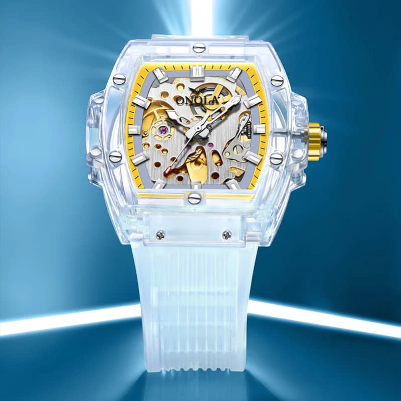 Montre pour hommes de luxe onola en plastique transparent creux entièrement automatique montres mécaniques hommes horloge étanche