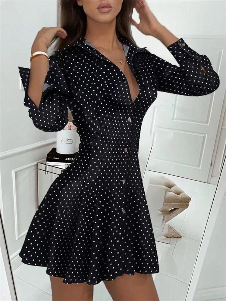 Robe chemise élégante à manches longues pour femmes, imprimé à pois, boutonné sur le devant, tenue de bureau d'été, vêtements décontractés