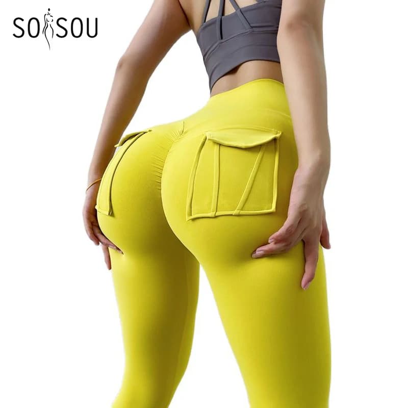SOISOU Leggings en Nylon pantalon femme Sport pantalon de Yoga Sexy serré taille haute élastique culotte femme poche legging mujer