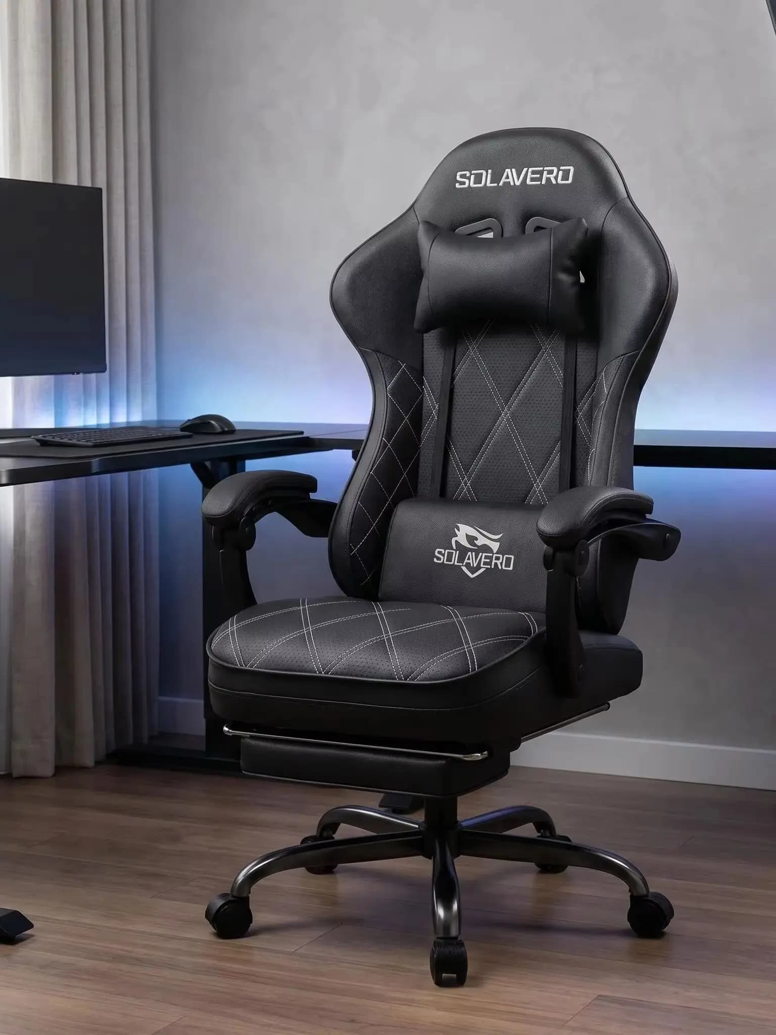 Chaise de jeu ergonomique avec support lombaire massant, 90 ° -135 °   Chaise de bureau inclinable, siège large sans accoudoirs, accoudoirs