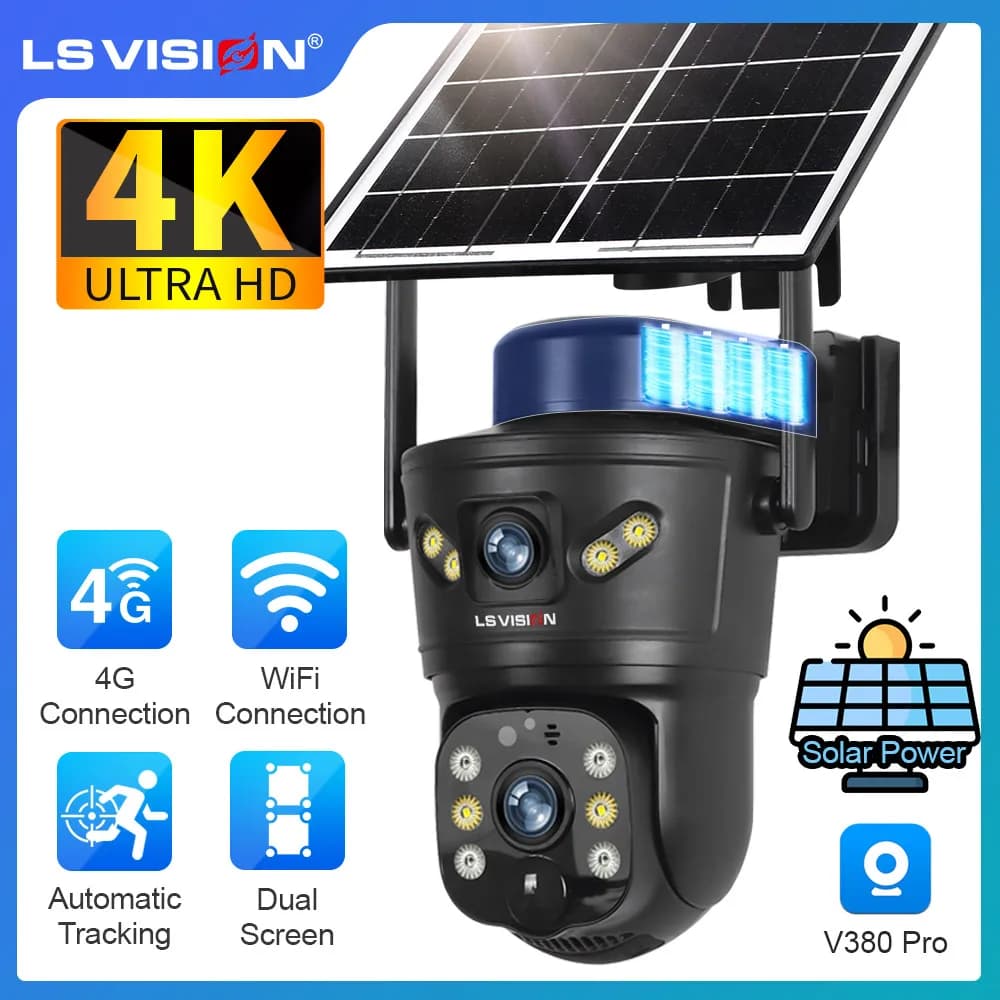 LS VISION 4K 8MP double écran caméra de sécurité solaire extérieure 4G/WiFi double objectif PTZ humain suivi automatique caméras de