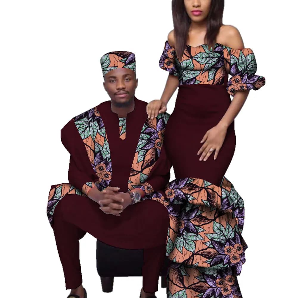Vêtements de couple africains pour femmes, robes longues Bazin Riche, robe imprimée pour hommes, haut et pantalon