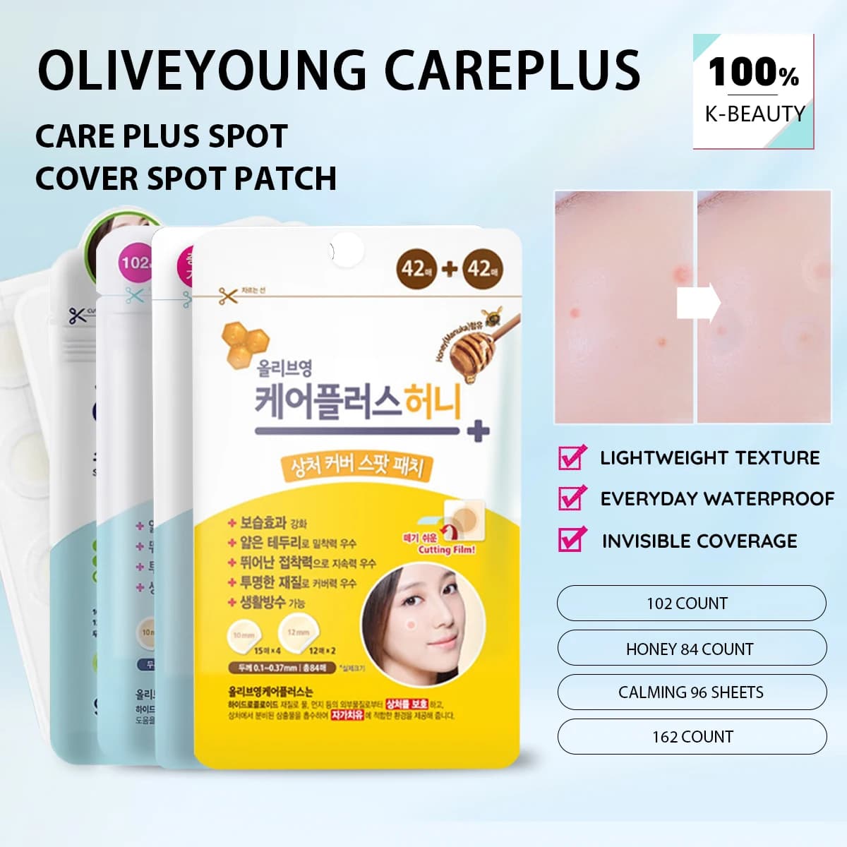 Olive Young Care Plus Spot Cover Spot Patch, texture hydrogel, s'adapte à la peau, pour les imperfections cutanées, soins de la peau coréens,