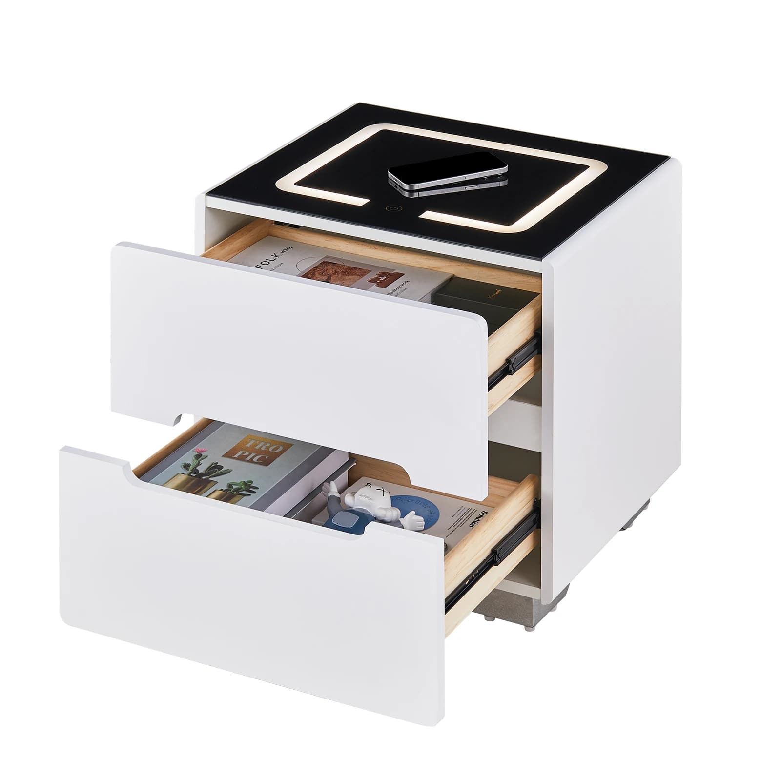 Table de chevet à 2 tiroirs, 50x41,5x50,5 cm, avec chargeur sans fil, lumière LED à commande tactile 3 couleurs