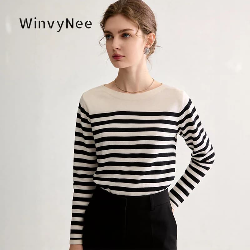 Pull en laine fine à rayures pour femme WinvyNee, col bateau, élégant, doux, pour le printemps et l'automne, style preppy, A1847001