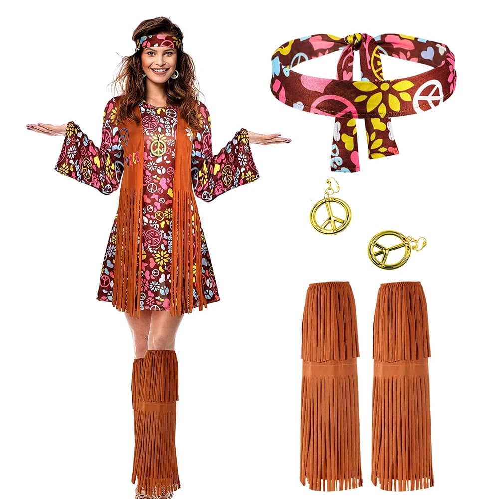 Costume d'Hiphélicoptère des années 70 pour femmes, signe de paix, boucle d'oreille, collier, bande de sauna, robe, accessoires, performance