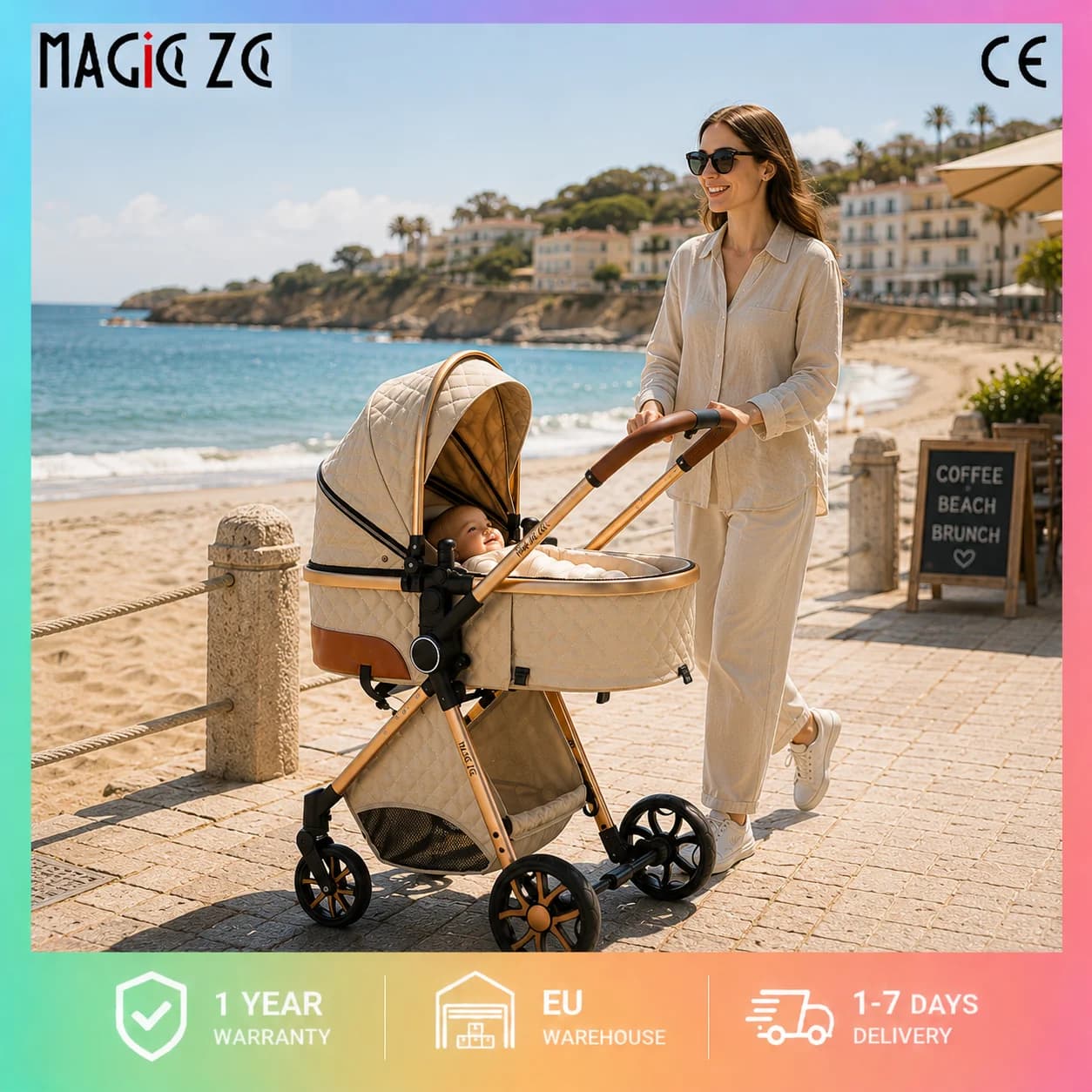 Système de poussette de voyage de luxe 3-en-1, poussette compacte pliable avec nacelle, siège auto pour bébé, unité de siège réversible, roues