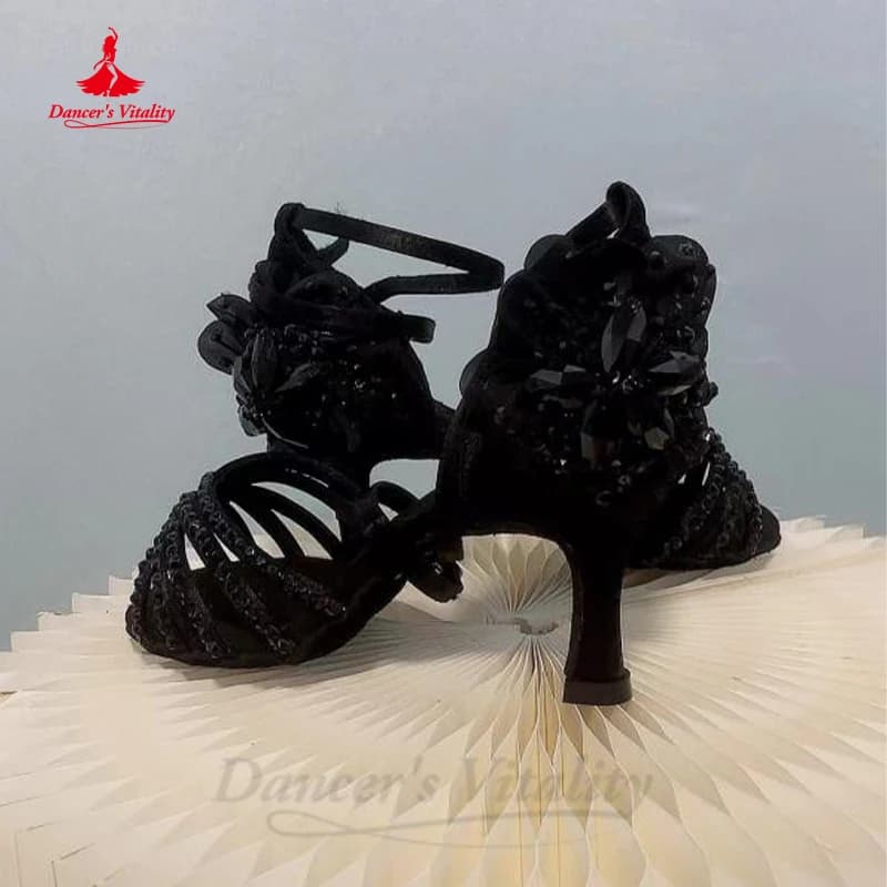 Chaussures de danse latine incrustées de diamants, chaussures de compétition, peau profonde, satin, doux, noir, Régions ba, Chacha, TanKnitting,