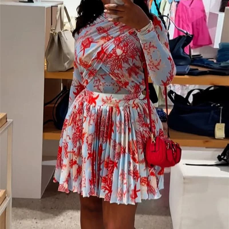 Ensemble deux pièces pour femmes, jupe courte, manches longues, haut imprimé, jupes courtes, ligne A plissée, taille haute, Streetwear élégant,