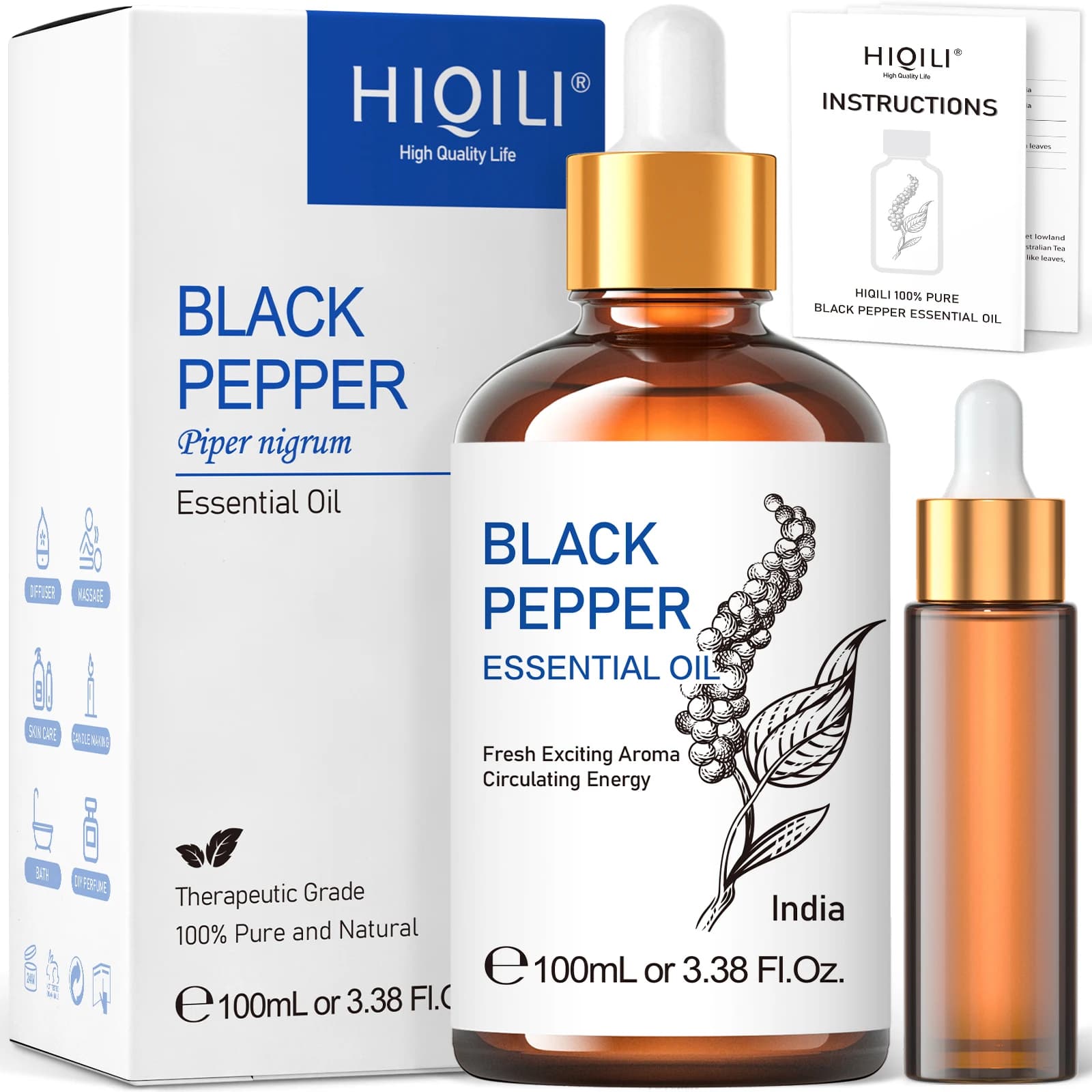 Huiles essentielles au poivre noir 100ML, huile à épices pure HIQILI 100% utilisée pour diffuseur, humidificateur, soulage le stress, fabrication