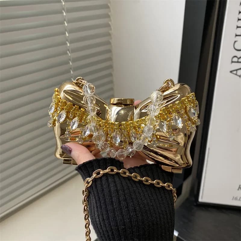 Mini sac en métal strass gland sacs à bandoulière femmes chaîne bandoulière chaîne boîte sacs or sac de soirée