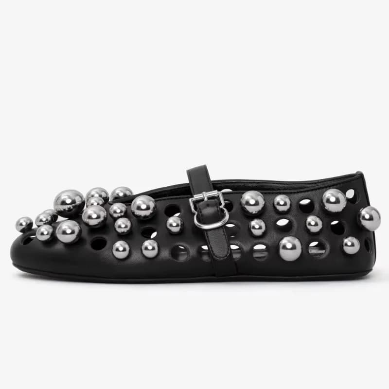 Sandales de Ballet à Tête Ronde avec Perle Noire, Chaussures Simples à Essence, Creuses en Métal, de Luxe, Pointure 45, Été et Automne