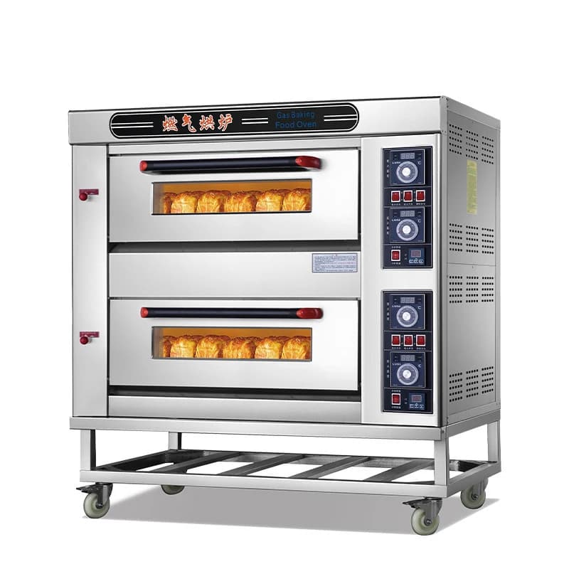 Four à gaz double couche 4 plateaux four à pizza en acier inoxydable de grande capacité pain commercial, gâteau de lune et pain plat