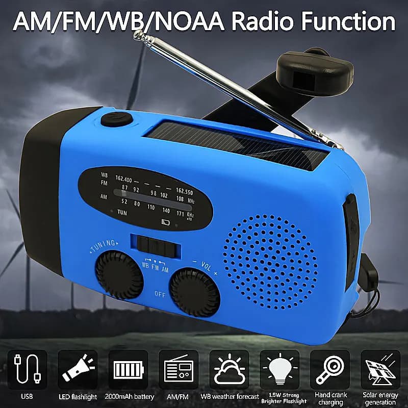2000mAh radio portable rechargeable solaire manivelle radio d'urgence survie météo Radio fm USB charge à piles
