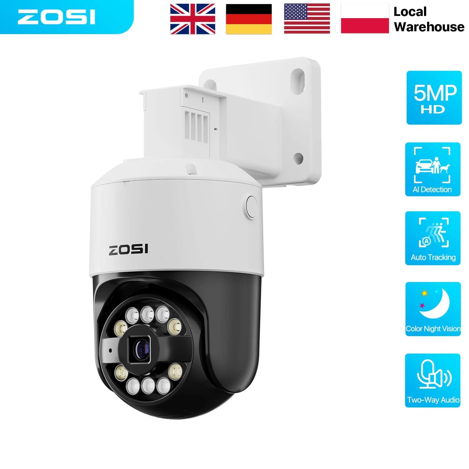 Caméra de sécurité PoE ZOSI 5MP PTZ extérieure avec audio, détection IA de visage et de véhicule, vision nocturne Starlight, vidéosurveillance