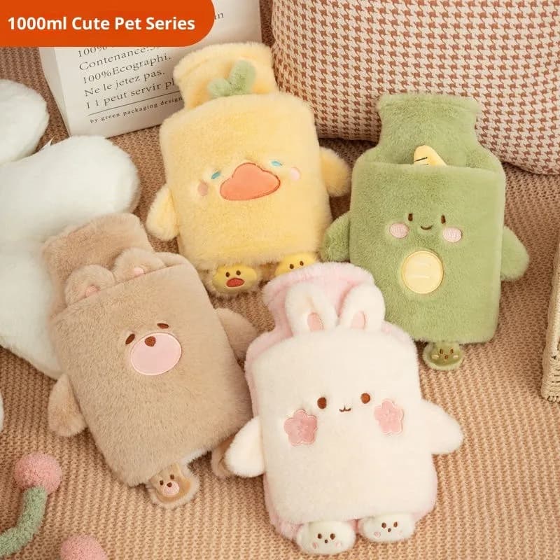 Sac d'eau chaude en peluche d'hiver de 1000ml, bouteille d'eau chaude en forme d'animal mignon avec housse en peluche, Portable pour la chaleur du