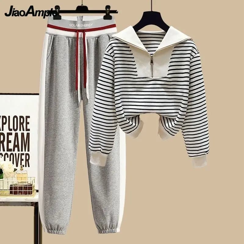 Survêtement femme automne hiver 2025 nouveau coréen rayé pull zippé chemisier + taille haute pantalons décontractés vêtements de sport deux