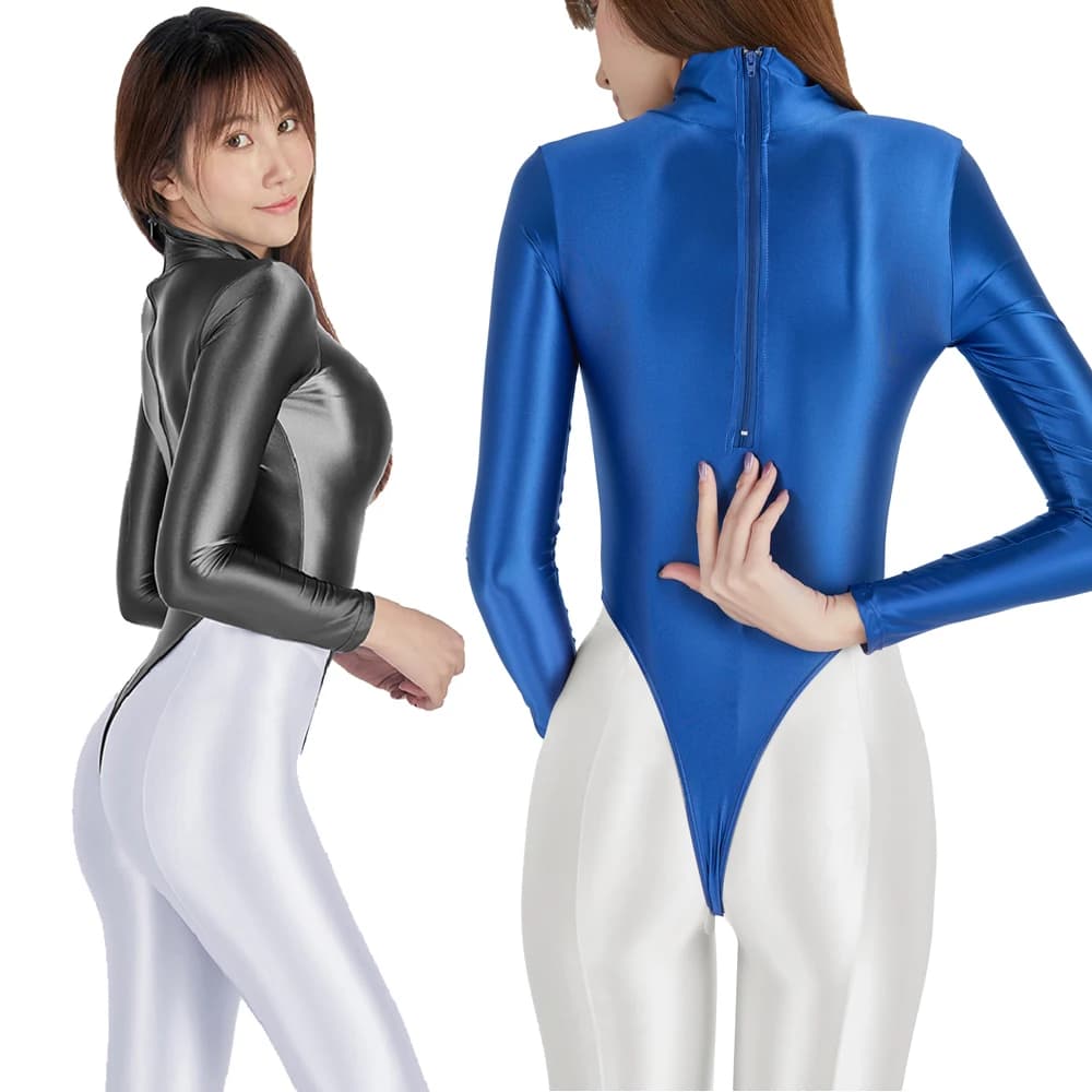 Maillot de bain une pièce en spandex brillant soyeux pour femmes, collants sexy à manches longues, justaucorps zippé au dos, maillots de bain
