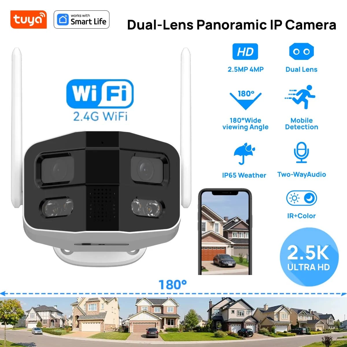 Tuya Smart 4MP 2,5K double objectif grand large 180 ° Caméra de sécurité, caméra extérieure, avec vision nocturne couleur/sirène/caméra IP de