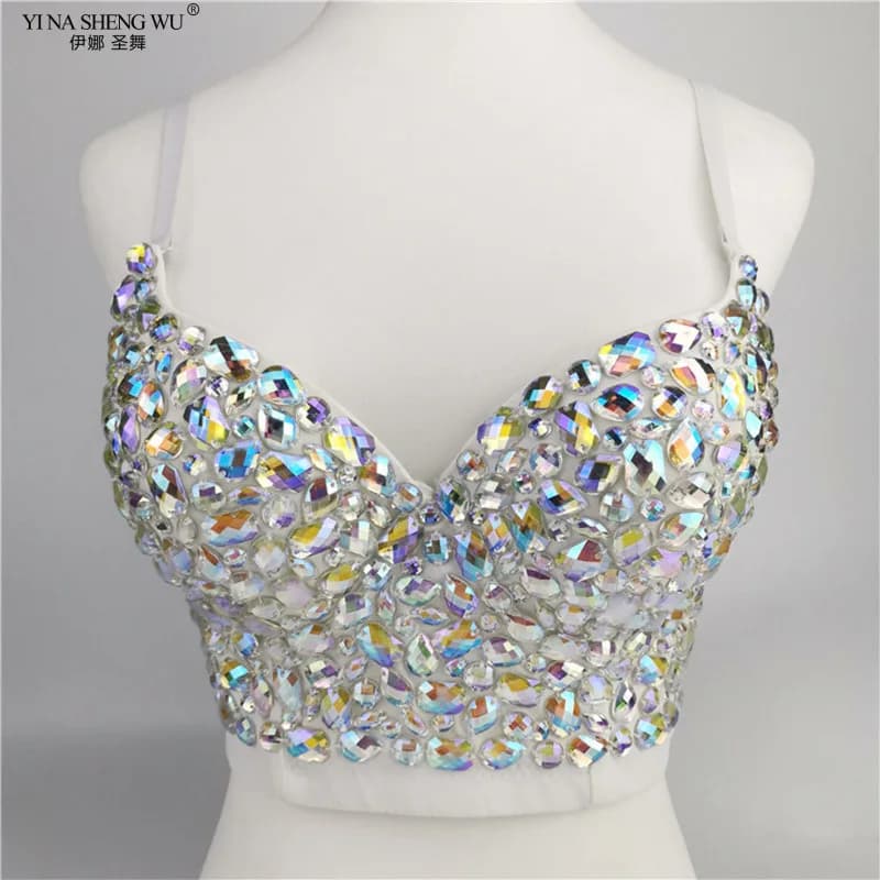 Femmes AB couleur strass haut dames danse du ventre soutien-gorge Corset haut à bretelles gilet soutien-gorge paillettes danse du ventre scène