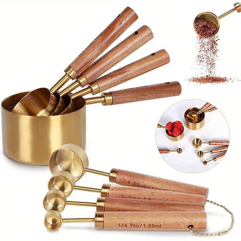 Tasses à mesurer avec manche en bois et acier inoxydable, cuillères, outils de cuisson, ensemble de cuillères à mesurer le café, accessoires