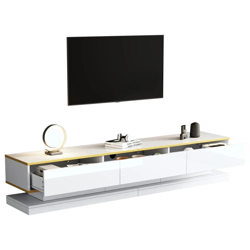 Meuble TV moderne avec 3 tiroirs, meuble de rangement pour salon, bord doré, blanc chaud