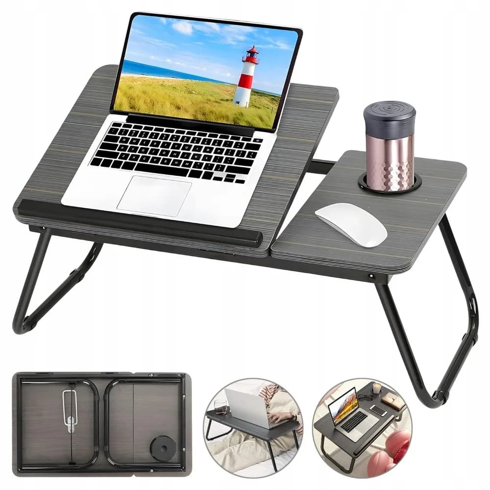 Bureau pour ordinateur portable avec angle réglable, table de lit peu encombrante avec pieds pliables et porte-gobelet, plateau de lit pour