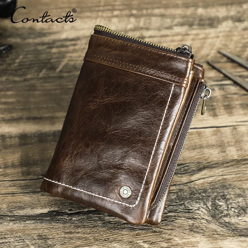 Portefeuille à deux volets en cuir véritable pour hommes, porte-cartes RFID, porte-monnaie anti-perte, design Airtag, fermeture éclair, pochette