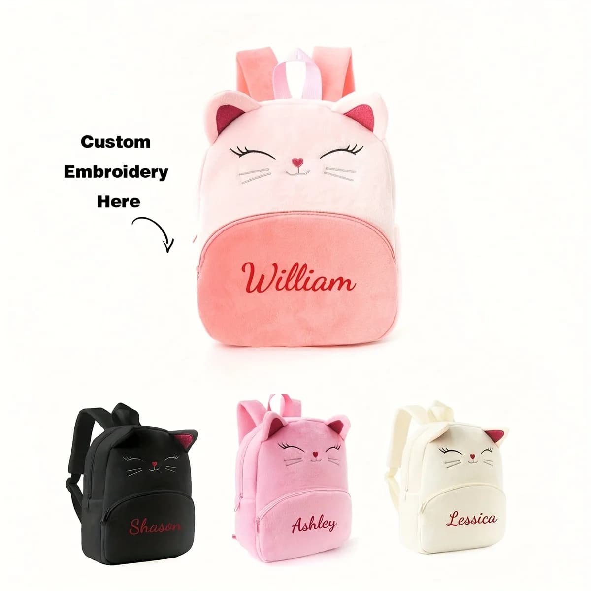 Sac à dos personnalisé avec nom de chat de dessin animé pour fille, texte brodé, sac à dos de loisirs de voyage en plein air, sac pour femme,