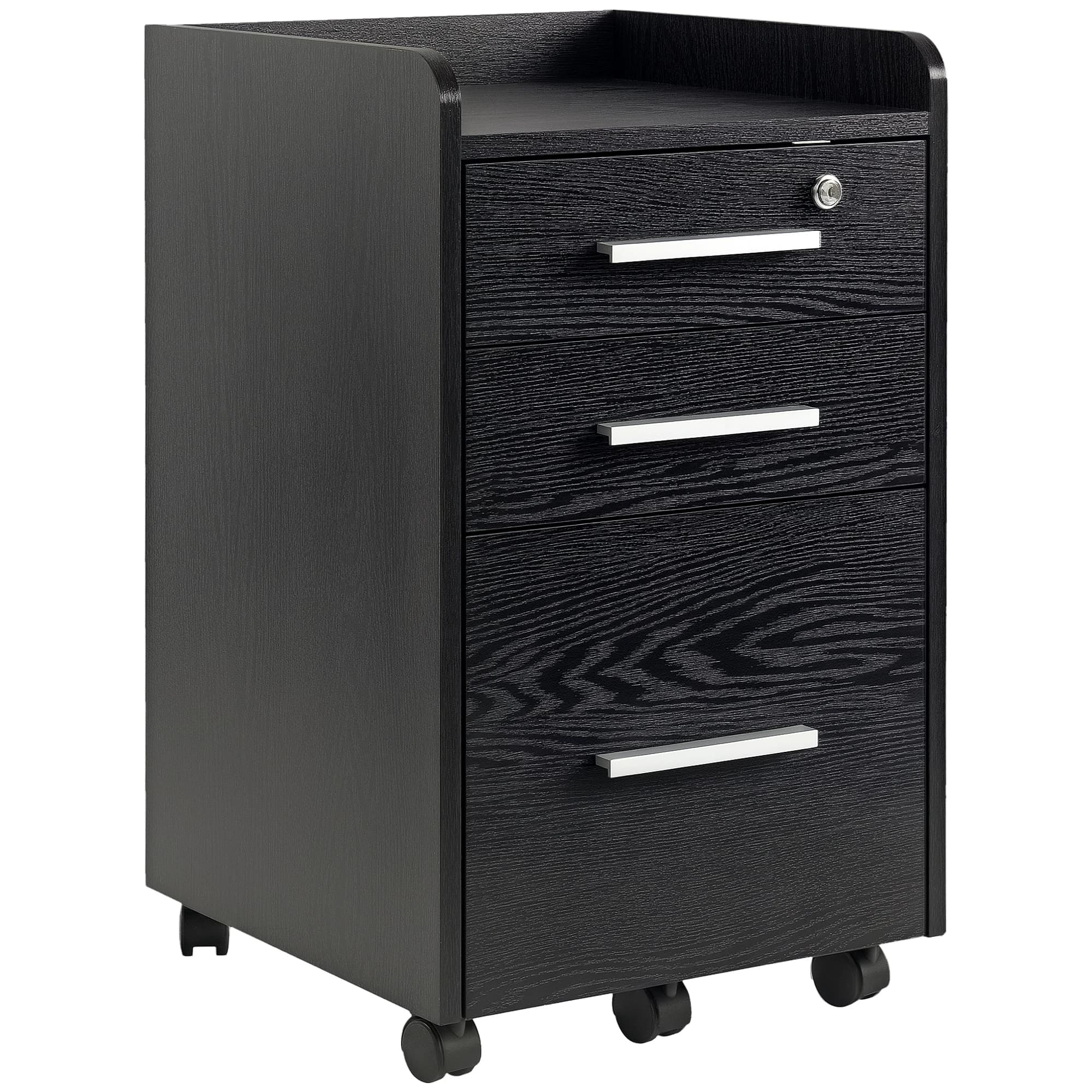 HOMCOM Caisson de bureau rangement bureau sur roulettes 3 tiroirs 1 verrouillable 1 trieur dossiers en bois noir